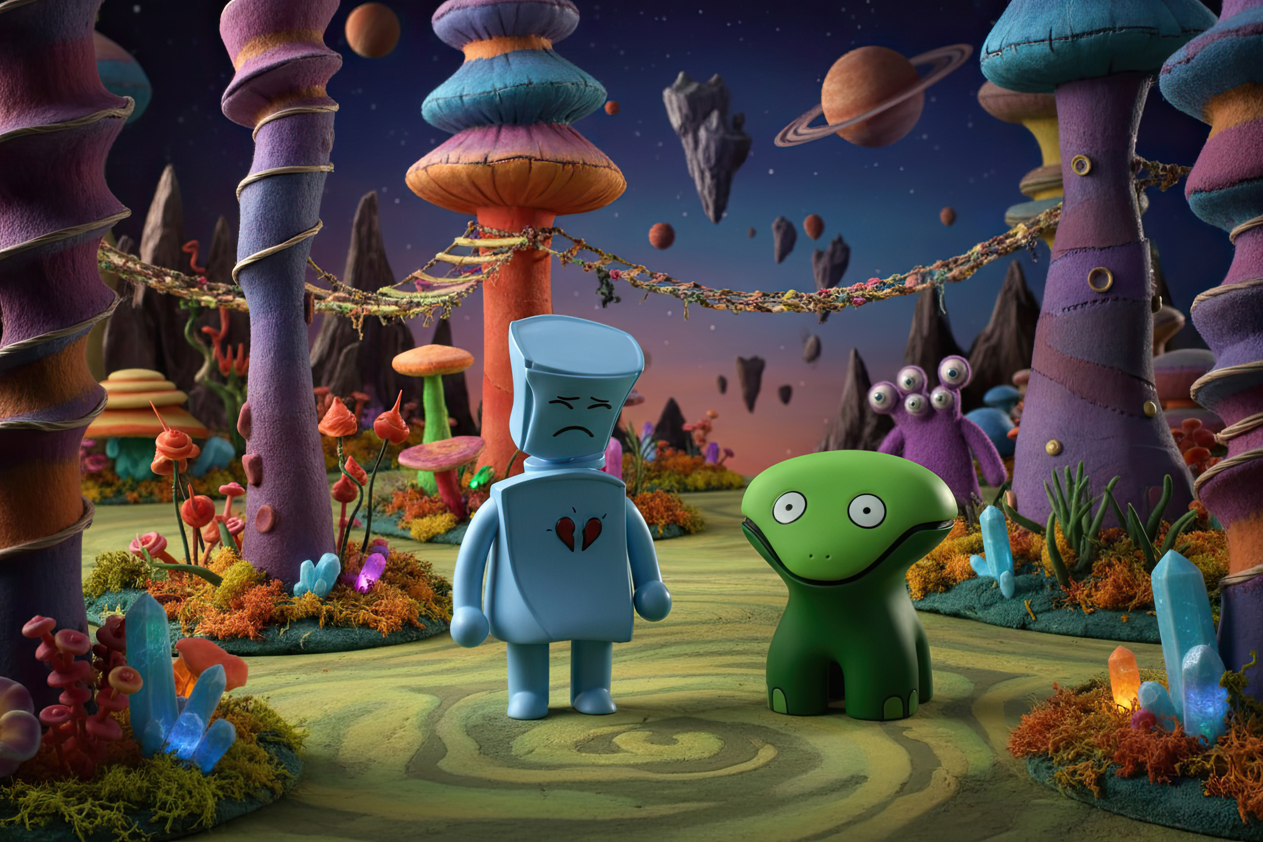 Stop-motion test set: the Broken Heart Robot and Kricky the Alien Frog stand on a colorful alien planet of giant mushrooms, crystals and floating islands